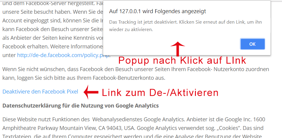 Aktivierungs-/Deaktivierungslink mit Popup, auf der Seite