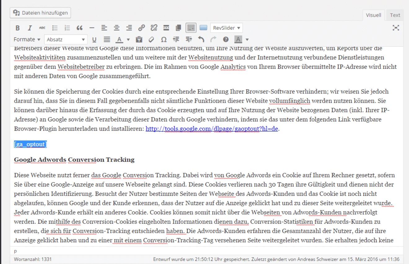 Shortcode inserted in the text editor
