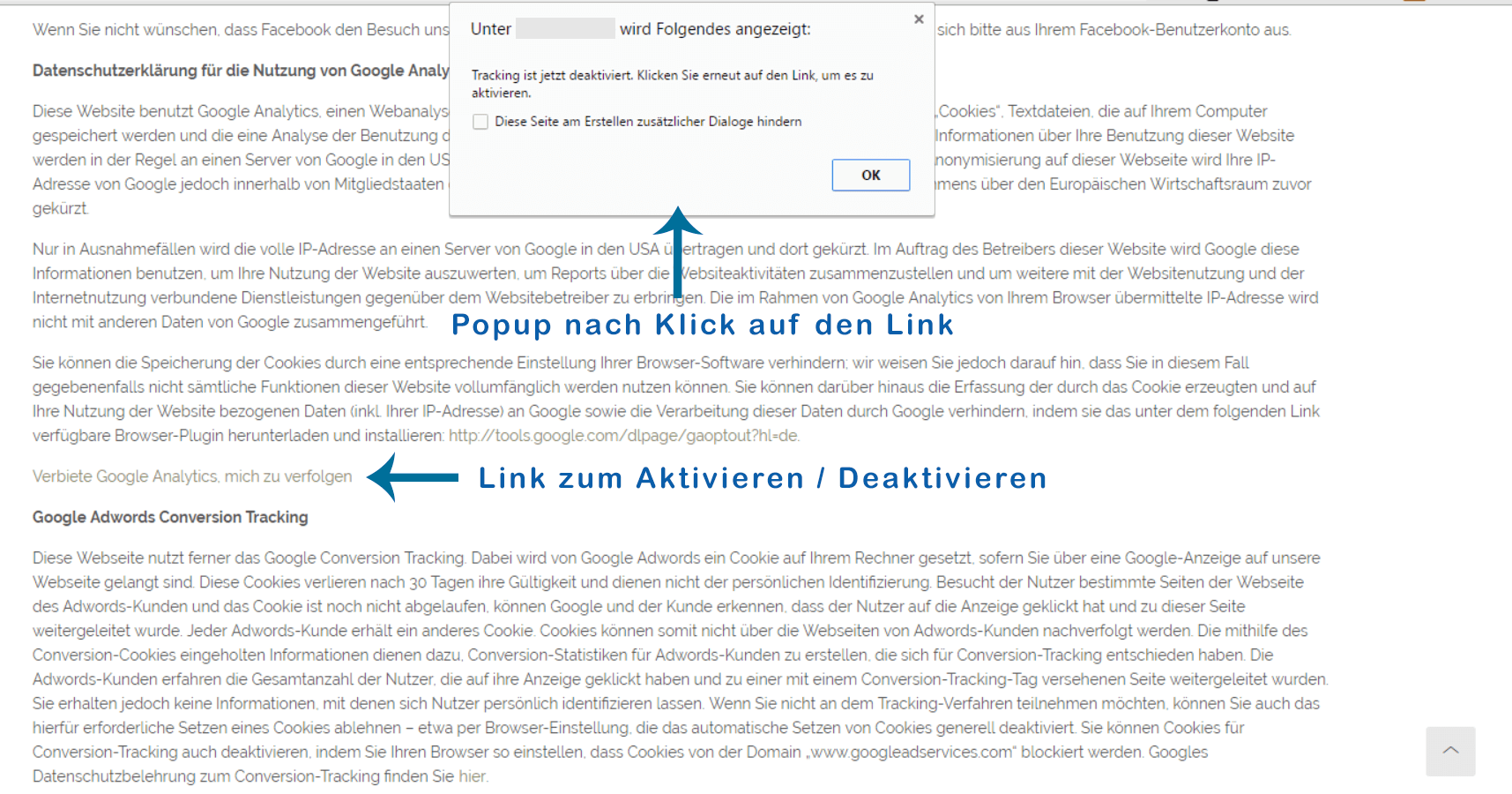 Activation / deactivation link with popup, on the page