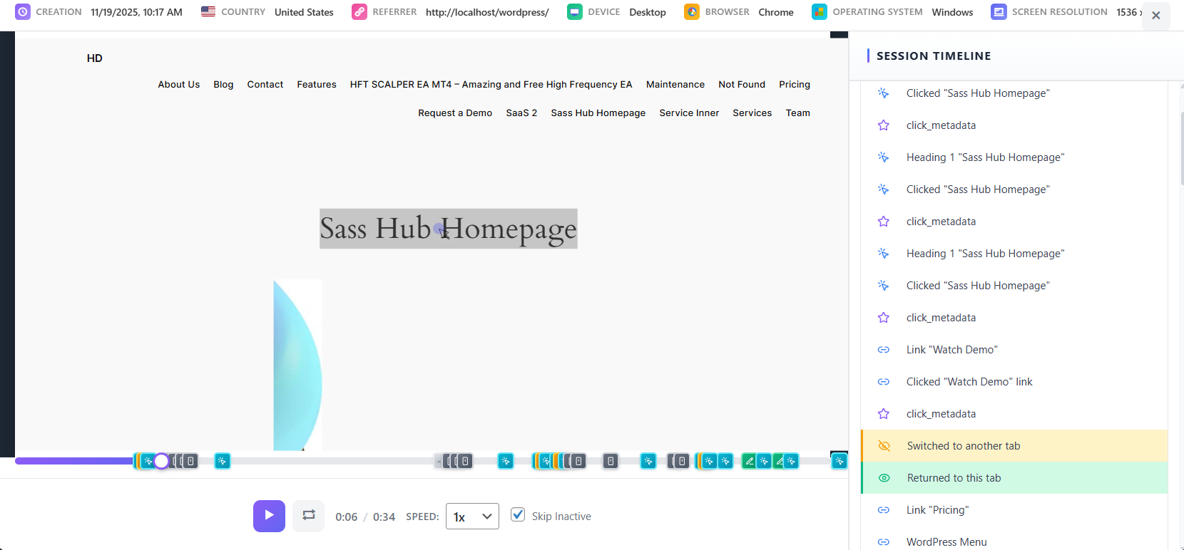 Session recordings list with filtering options