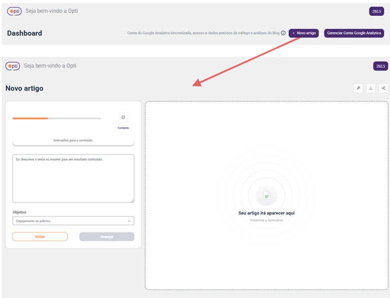 Novo Artigo –  Crie artigos de alta performance personalizado de acordo com sua persona sem se preocupar com regras de SEO e GEO.