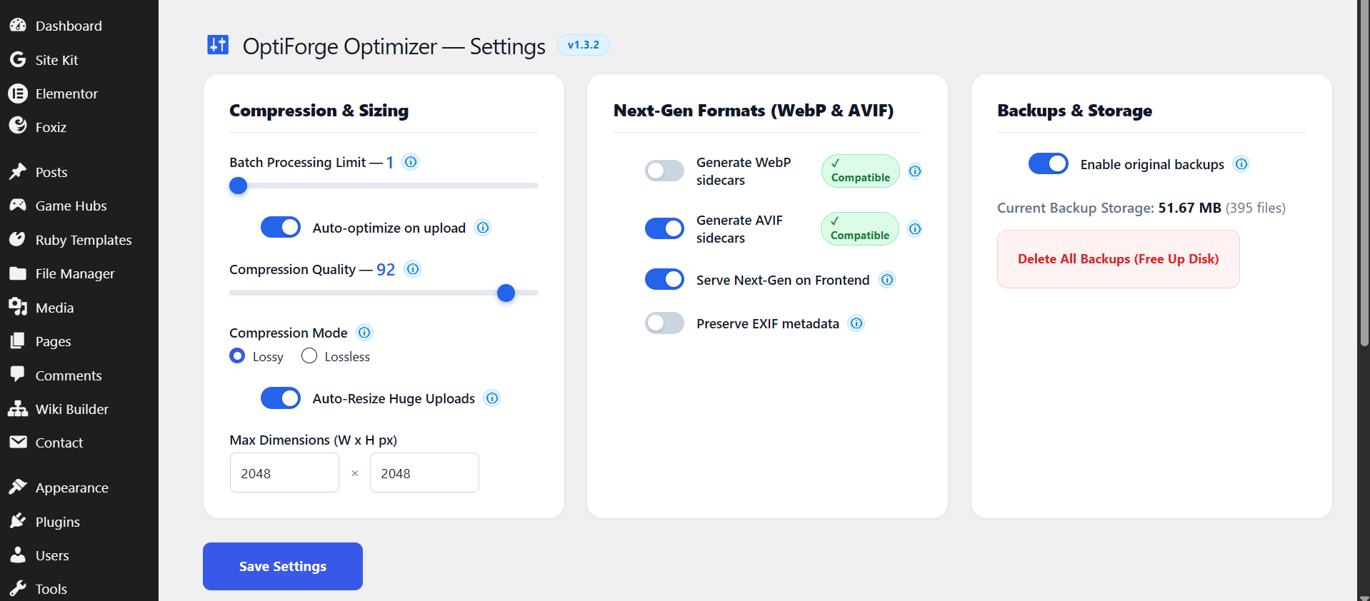 **Settings Engine:** Compression quality slider, lossy/lossless modes, max dimensions auto-resizing, server compatibility inspection, and dynamic batch concurrency controls.