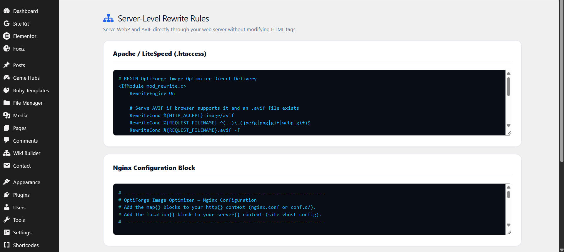 **Server-Level Rewrite Rules:** Production-ready rewrite rules for Apache/LiteSpeed (.htaccess) and Nginx map-based configurations for direct AVIF/WebP delivery.