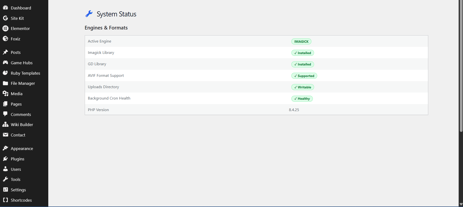 **System Health Status:** Deep diagnostics for GD, ImageMagick, AVIF codec bindings, background cron health, and upload directory permissions.