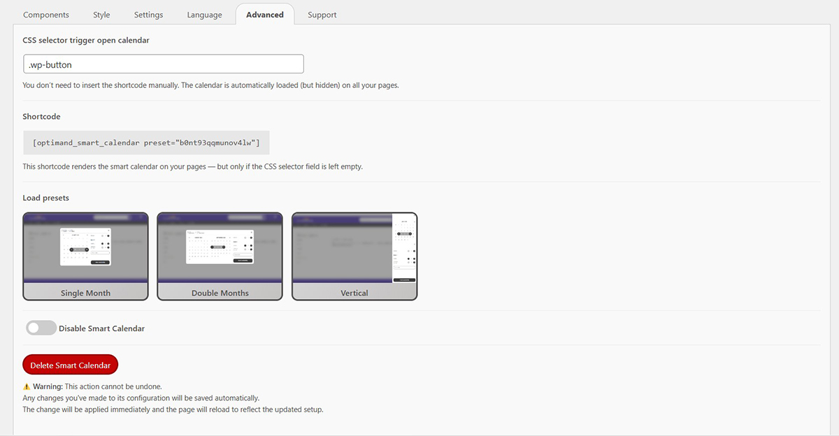 **CSS Selector Setting** - The advanced field where you can define custom triggers for the calendar.