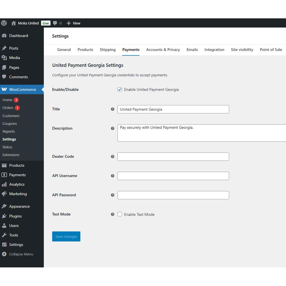 United Payment settings screen
