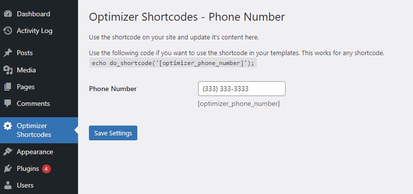 The new menu page and custom phone number field