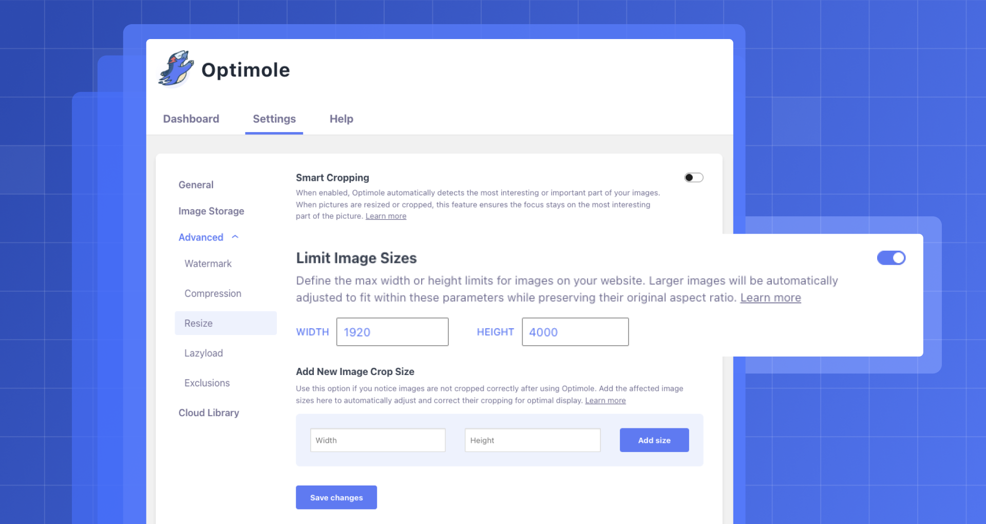 Resize Settings: Limit image size and enable smart cropping