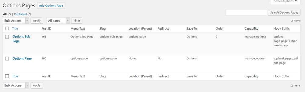 Options Page Admin List