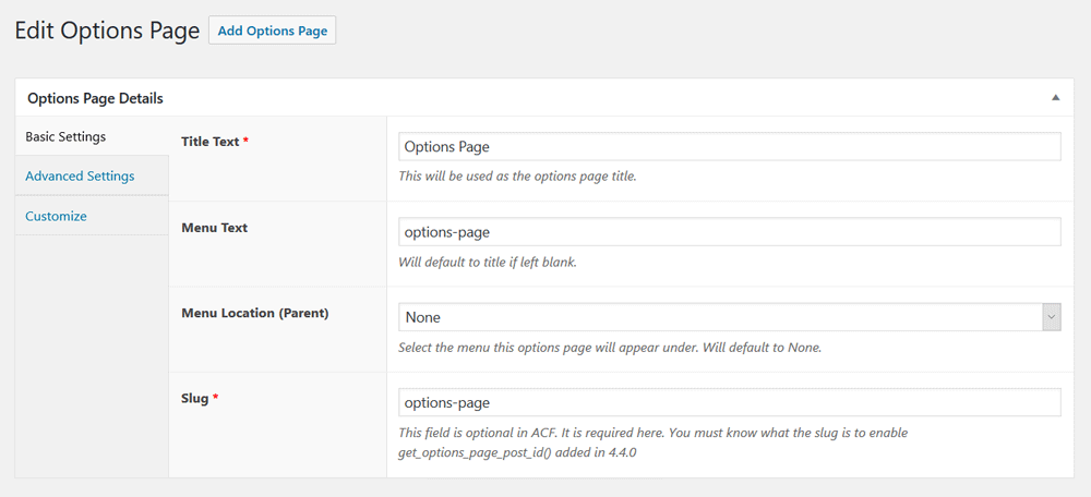 Options Page Basic Settings