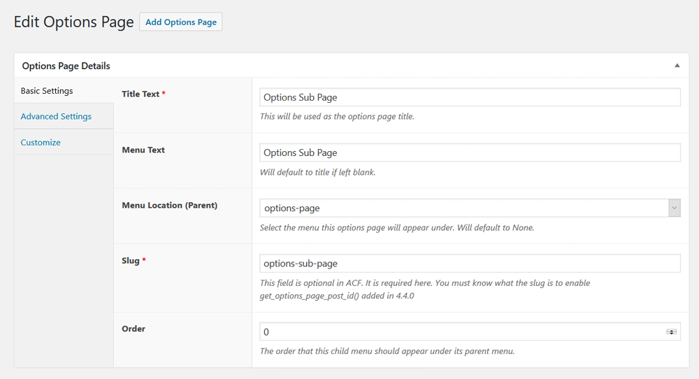 Options Sub Page Basic Settings