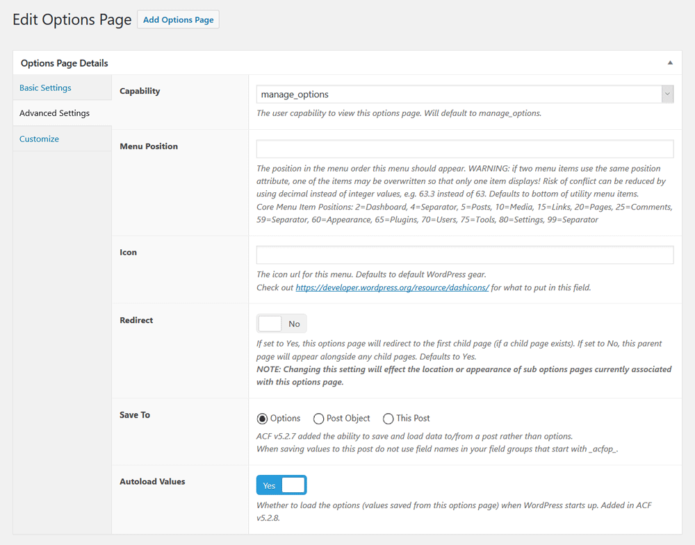 Options Page Advanced Settings