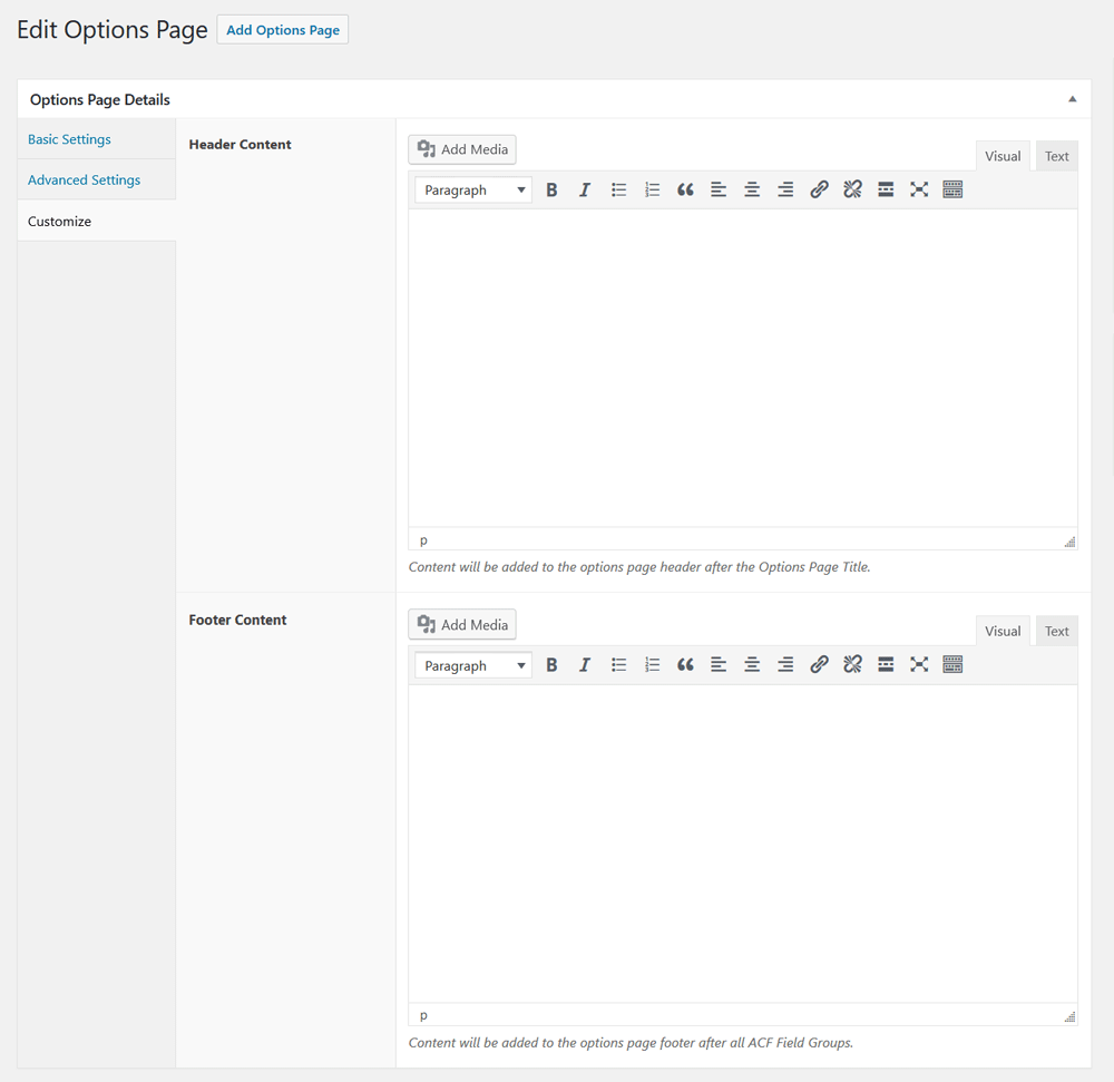 Options Page Content Customization