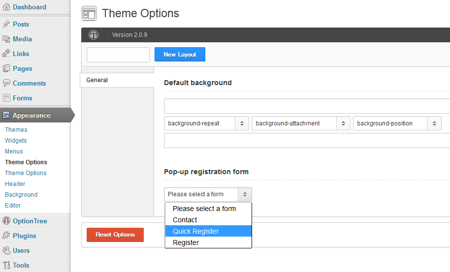 Selecting a form on the Theme Options page