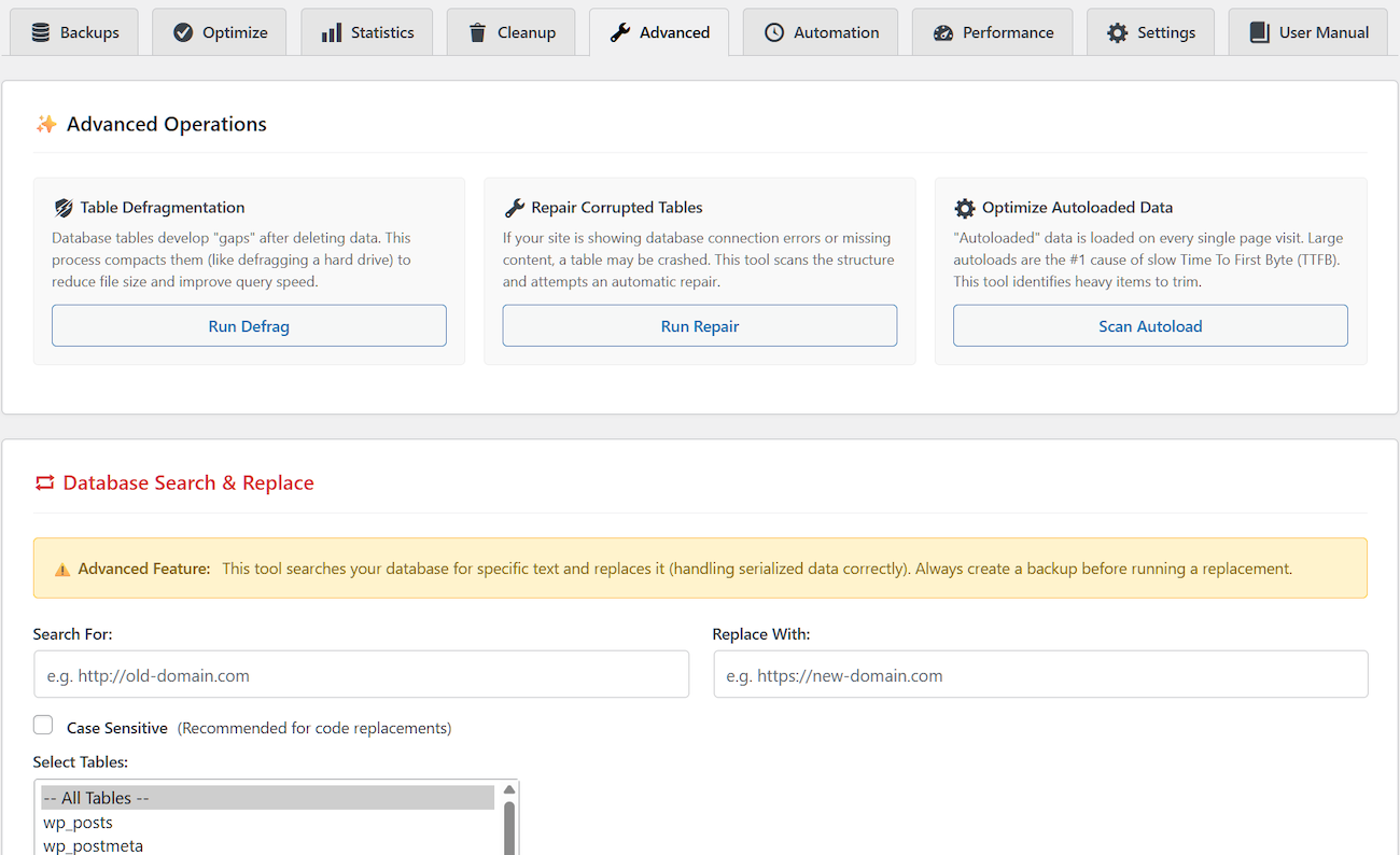 Database Structure Analysis - Detailed information on databases and tables
