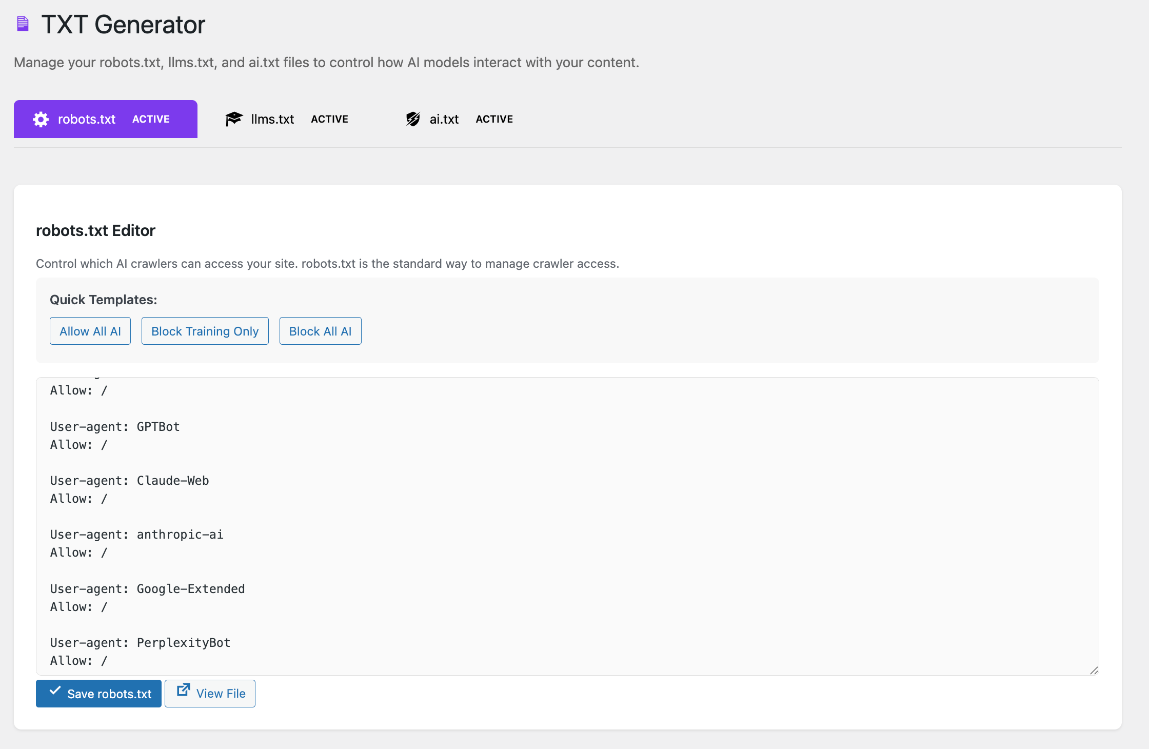 TXT Generator - Generate robots.txt, llms.txt, and ai.txt files