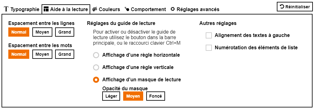 Changing the layout, displaying a reading rule: mainly useful for visually impaired and cognitively impaired users who have difficulty identifying the information on the page, as well as motor disabled users who can’t use the mouse or those using keyboard navigation only.