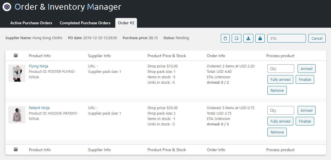 Update stock levels when products arrive by simply enter the qty or press the fully arrived button.