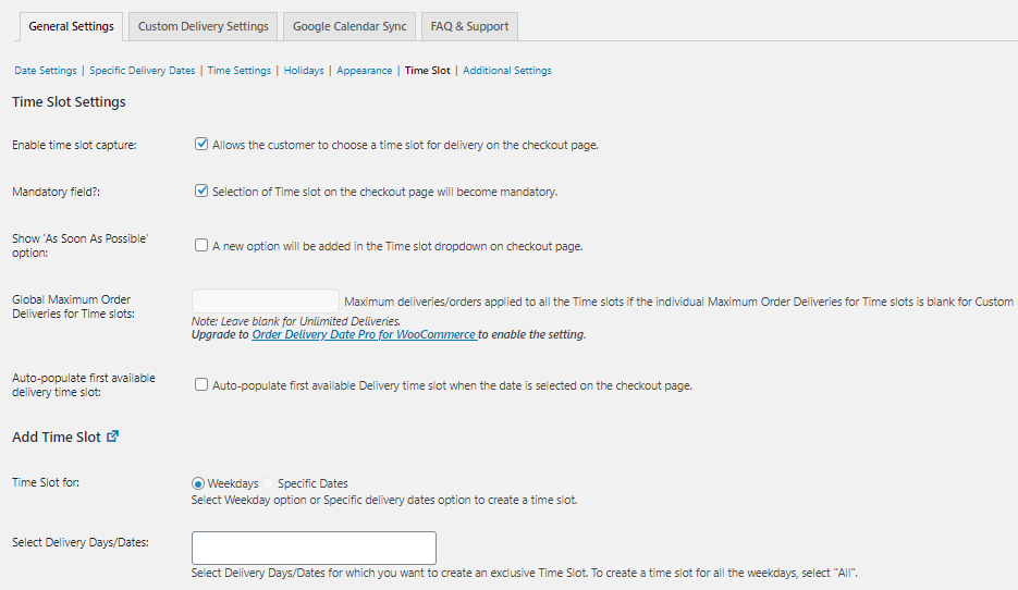 Time Slot settings