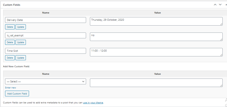 The selected delivery date will be shown in "Custom Fields" on Edit order page