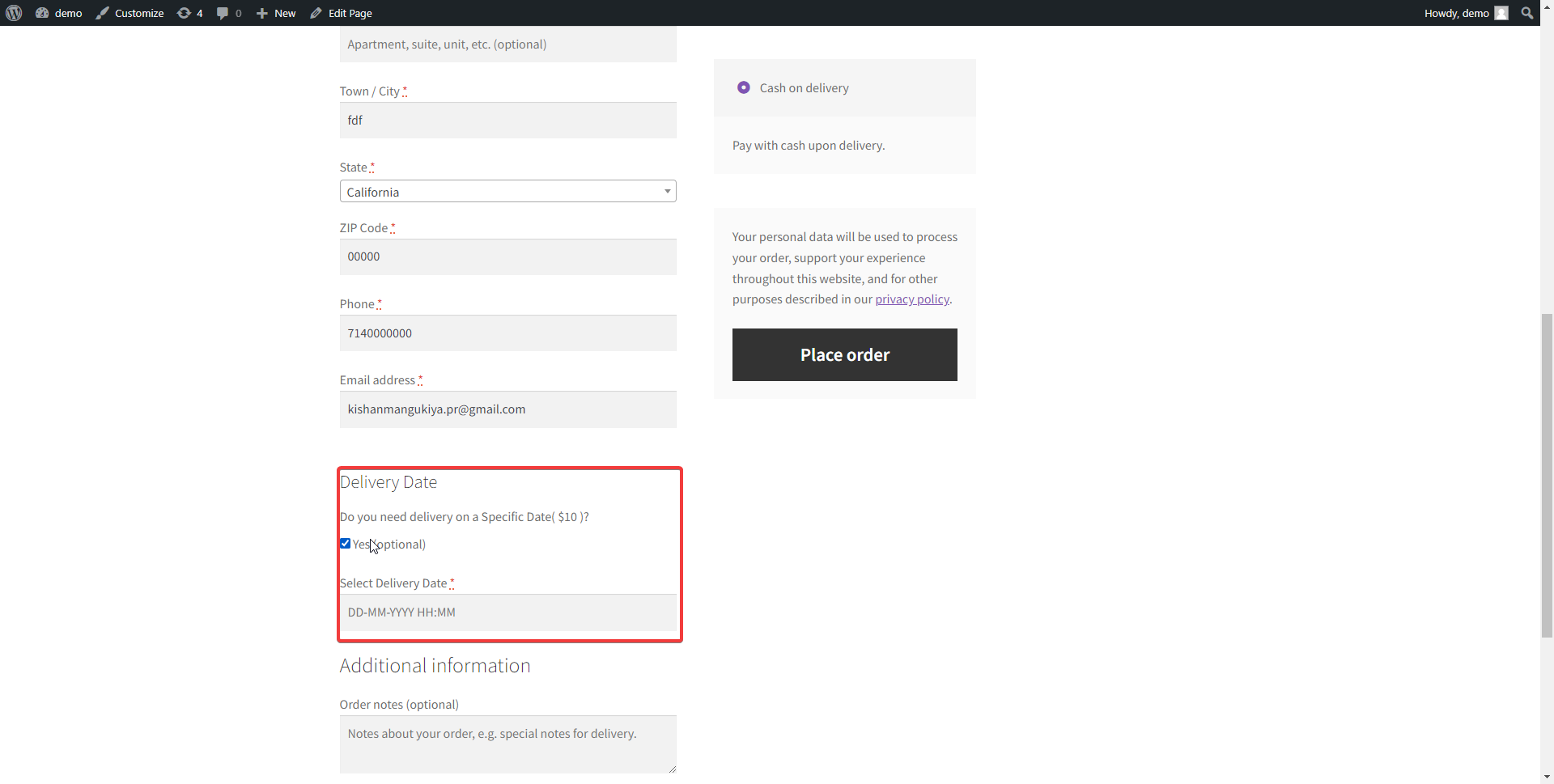 Checkout page with Delivery Date & Time Field