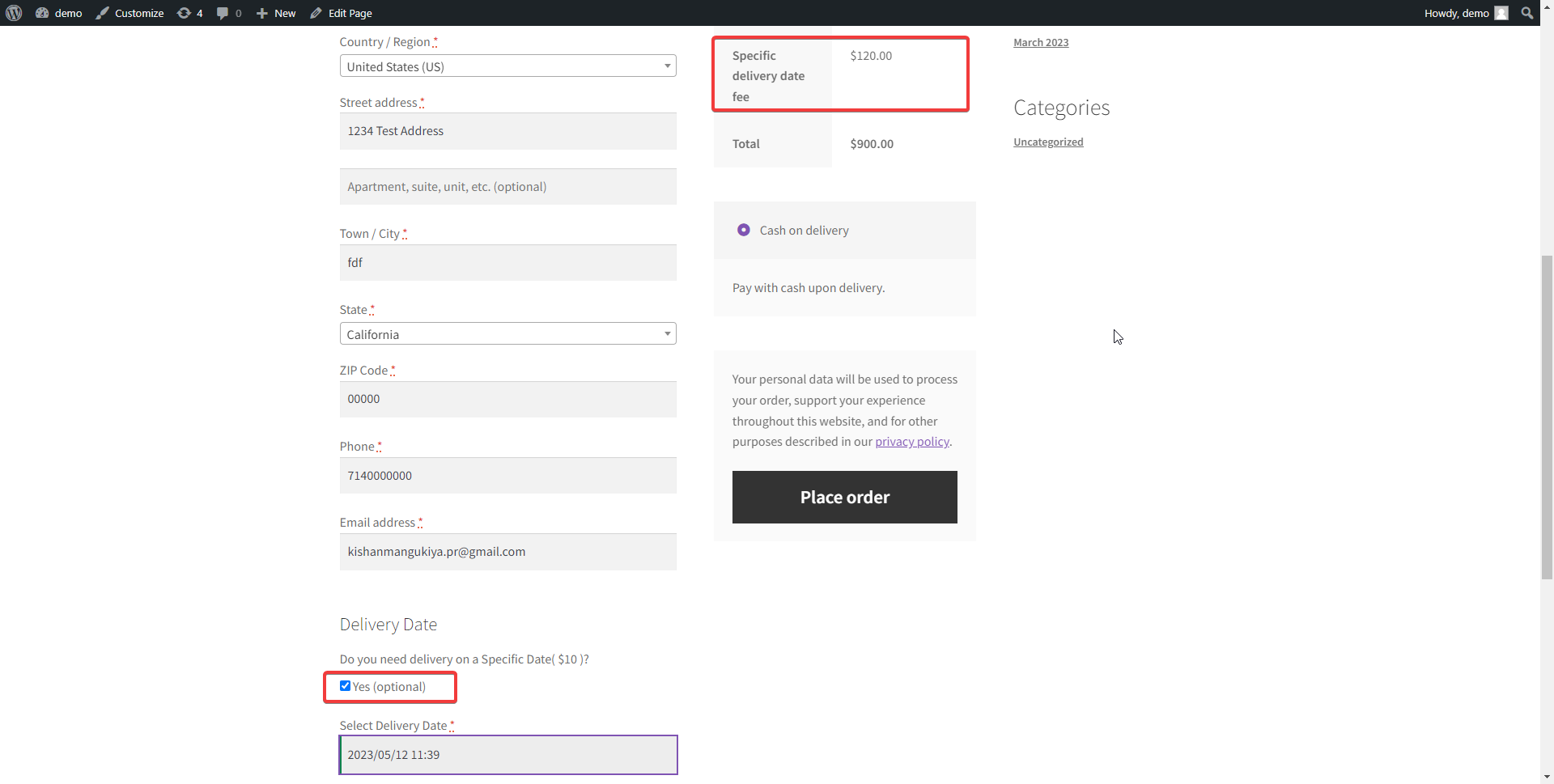 Checkout page with extra fees if Date & Time selected