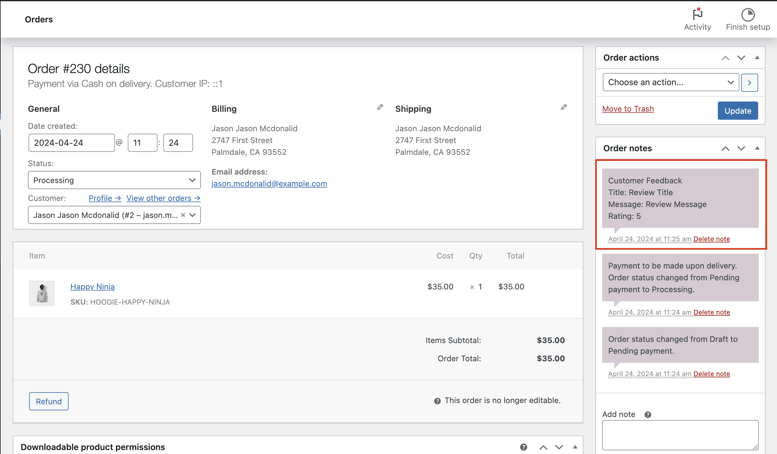 Admin View: Easily view feedback submissions under order notes in the WordPress admin.
