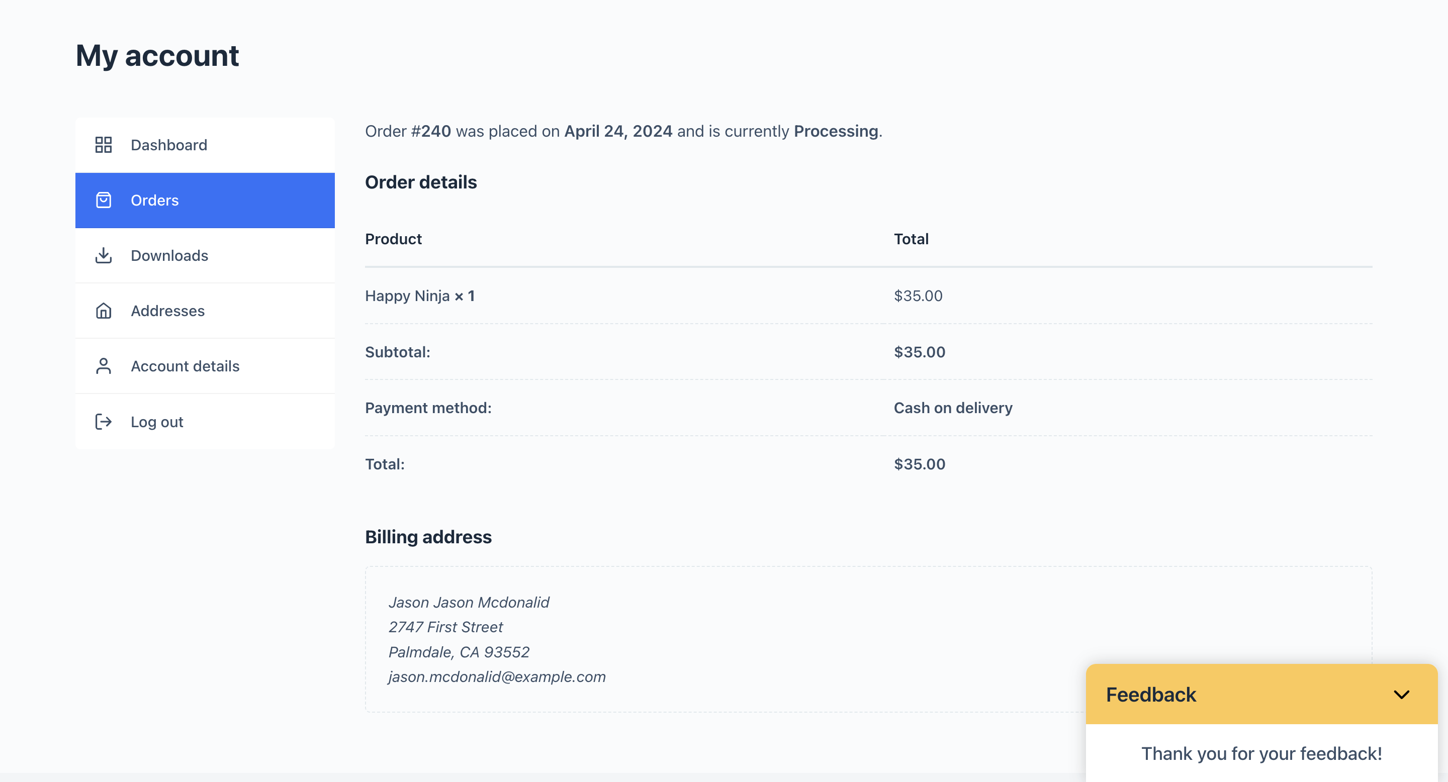 Account Page Submission Confirmation: Feedback form submission confirmation message on the Account Page