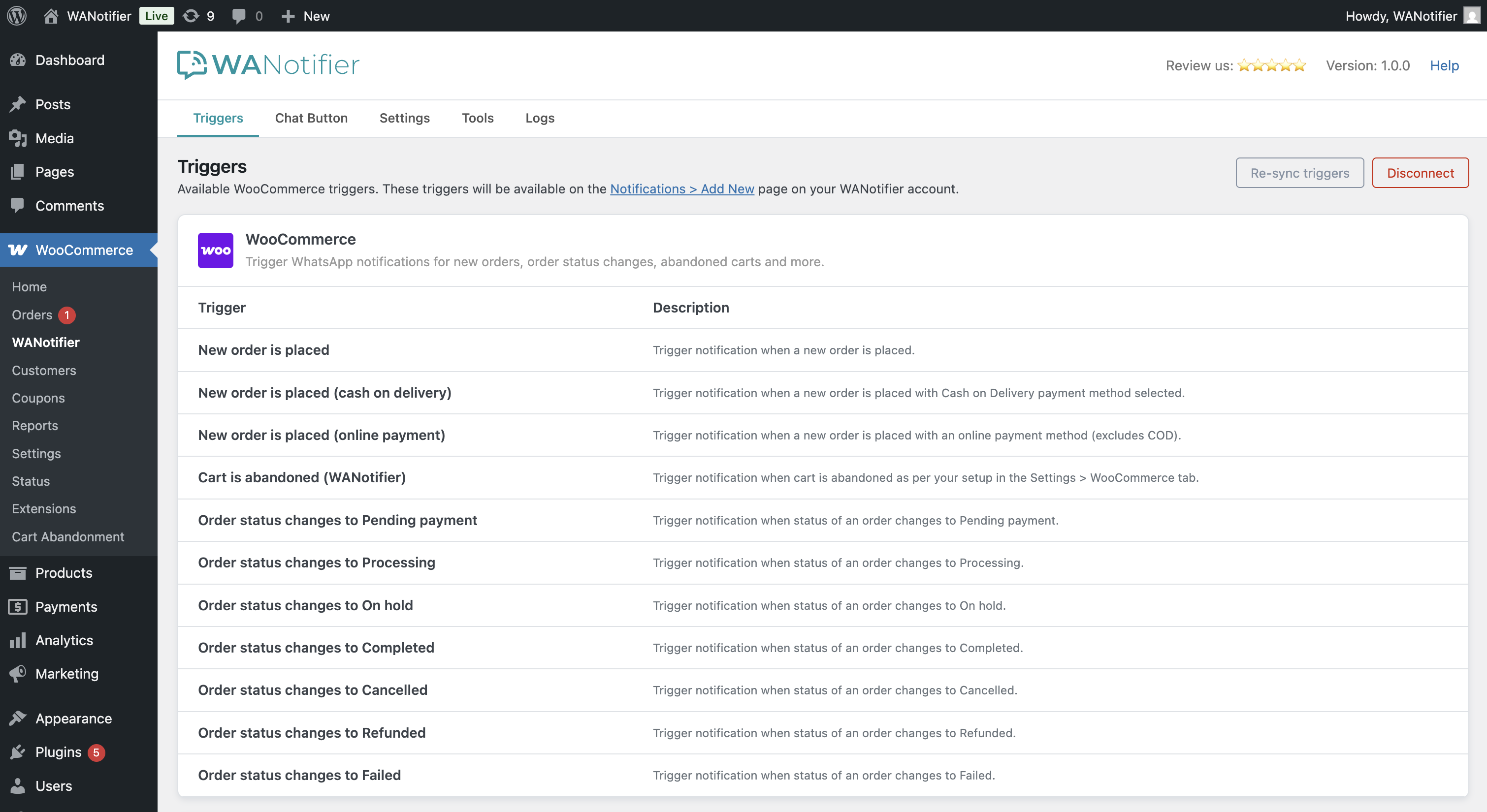 View all available order and cart abandonment triggers