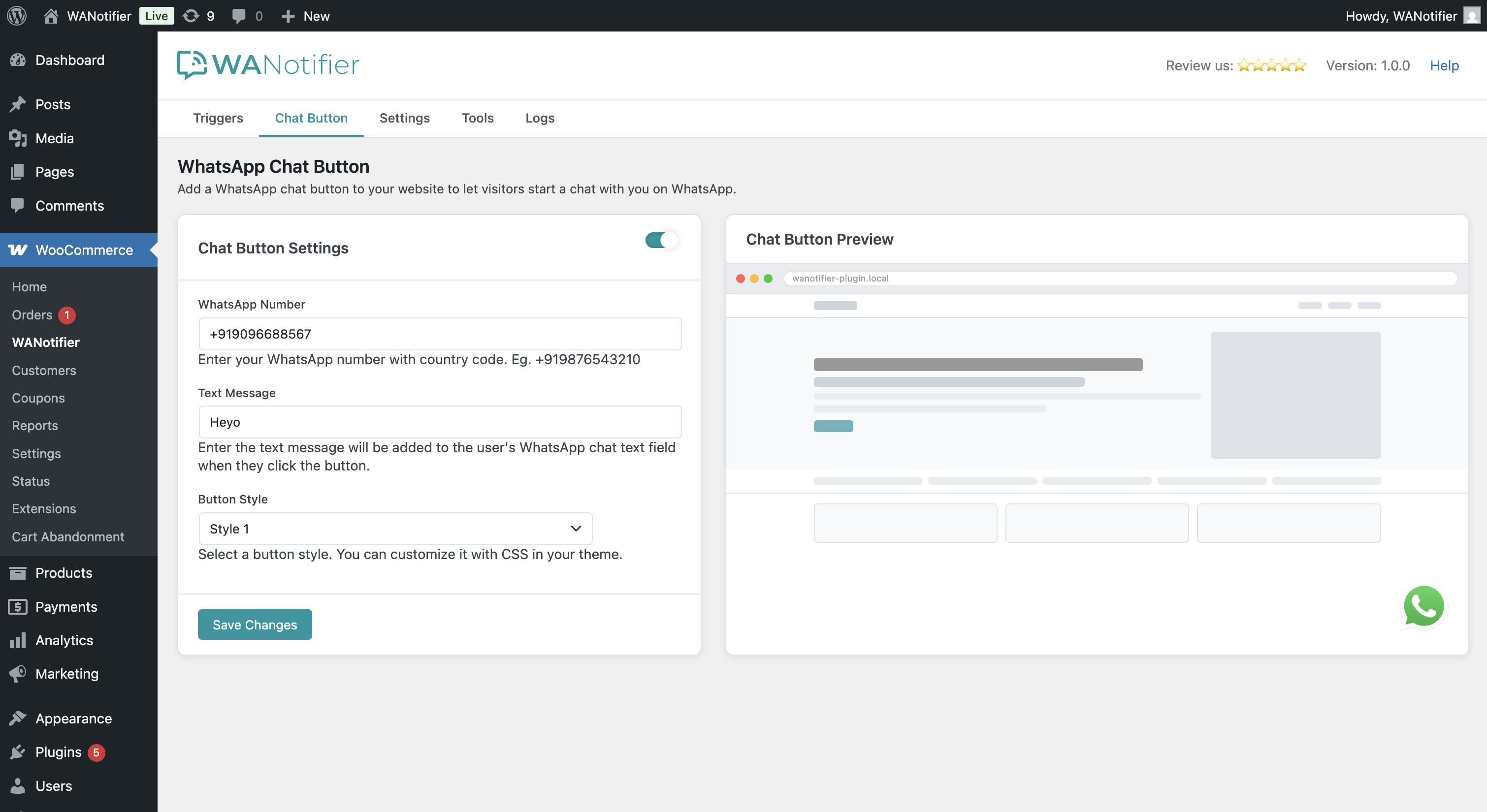 Configure the WhatsApp Chat Button with live preview