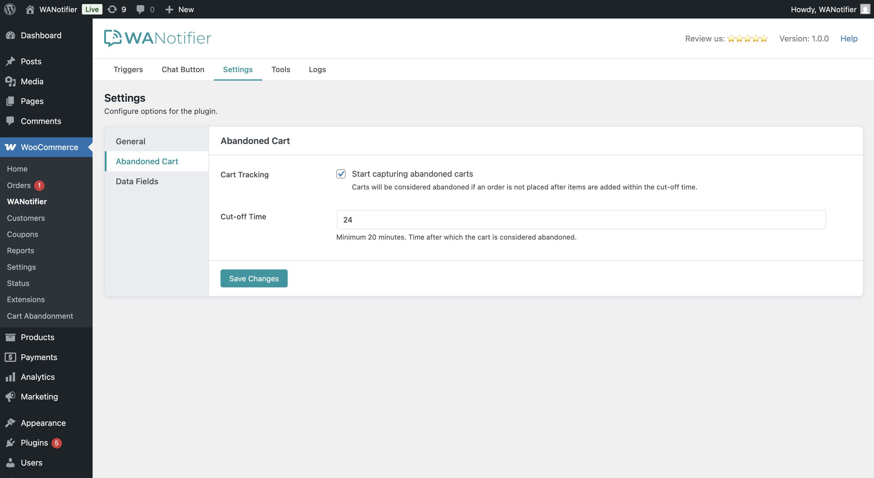 Manage plugin Abandoned Cart settings