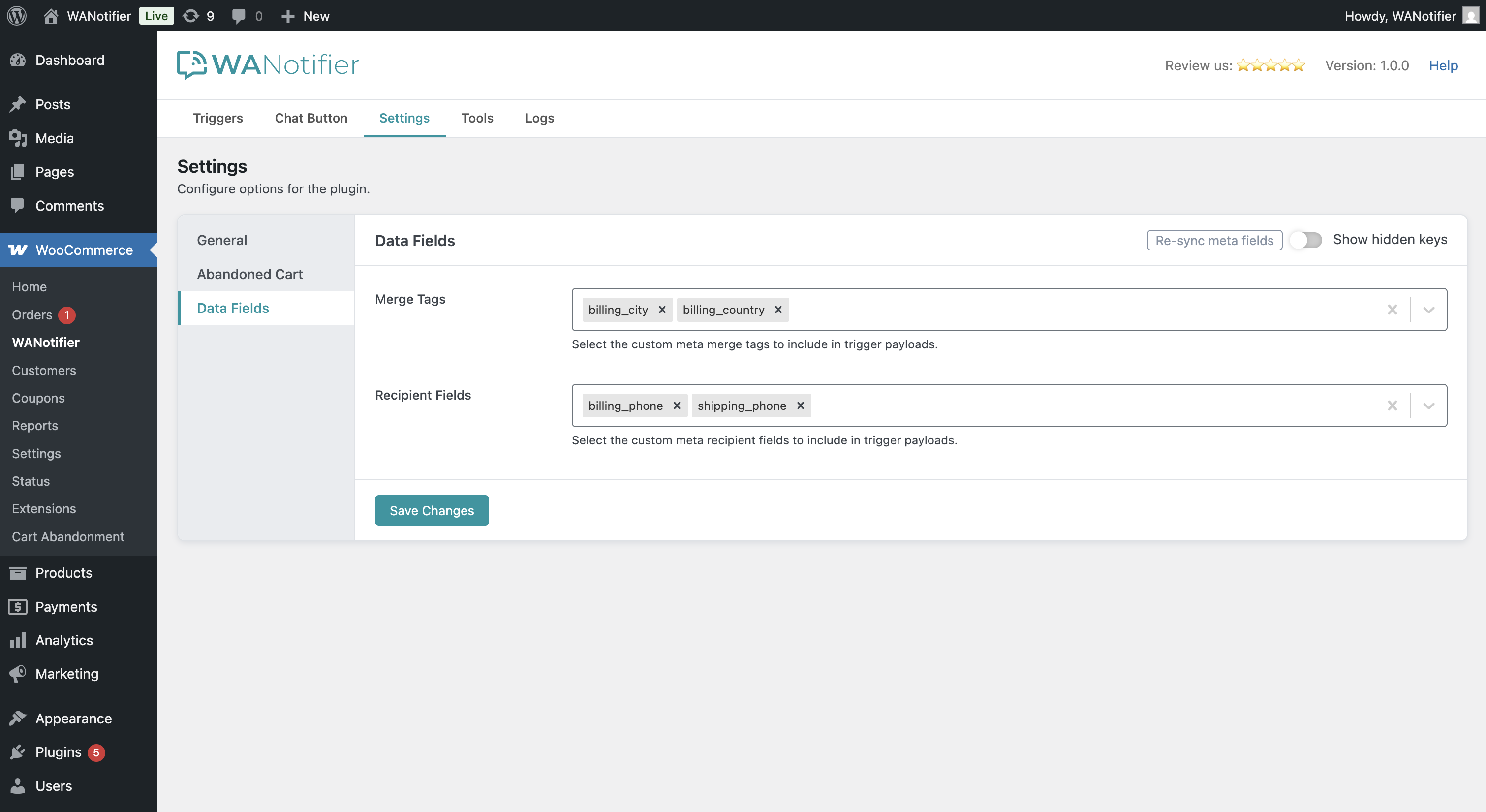 Manage plugin Data Fields settings