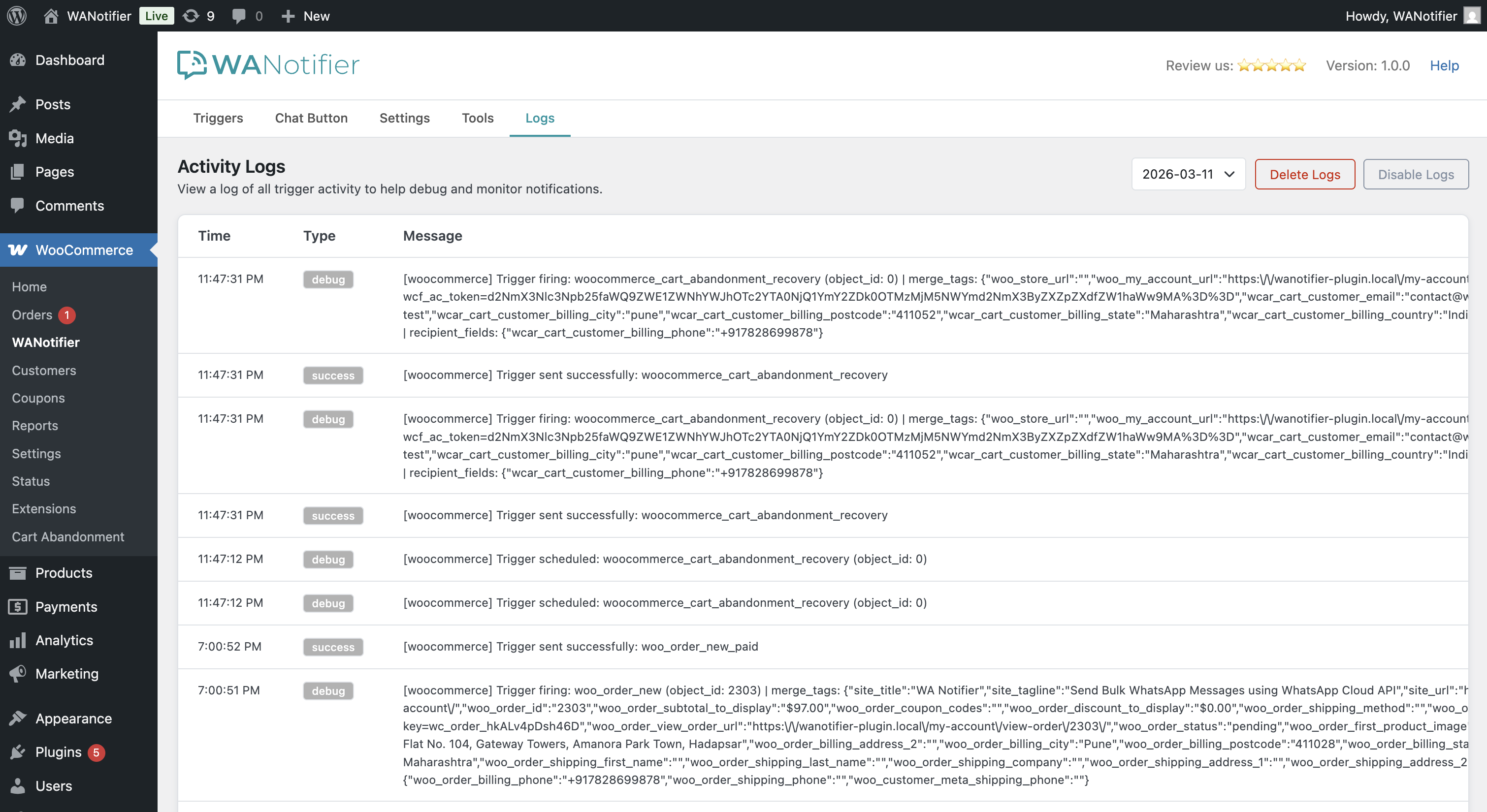 Activity log to monitor notification delivery