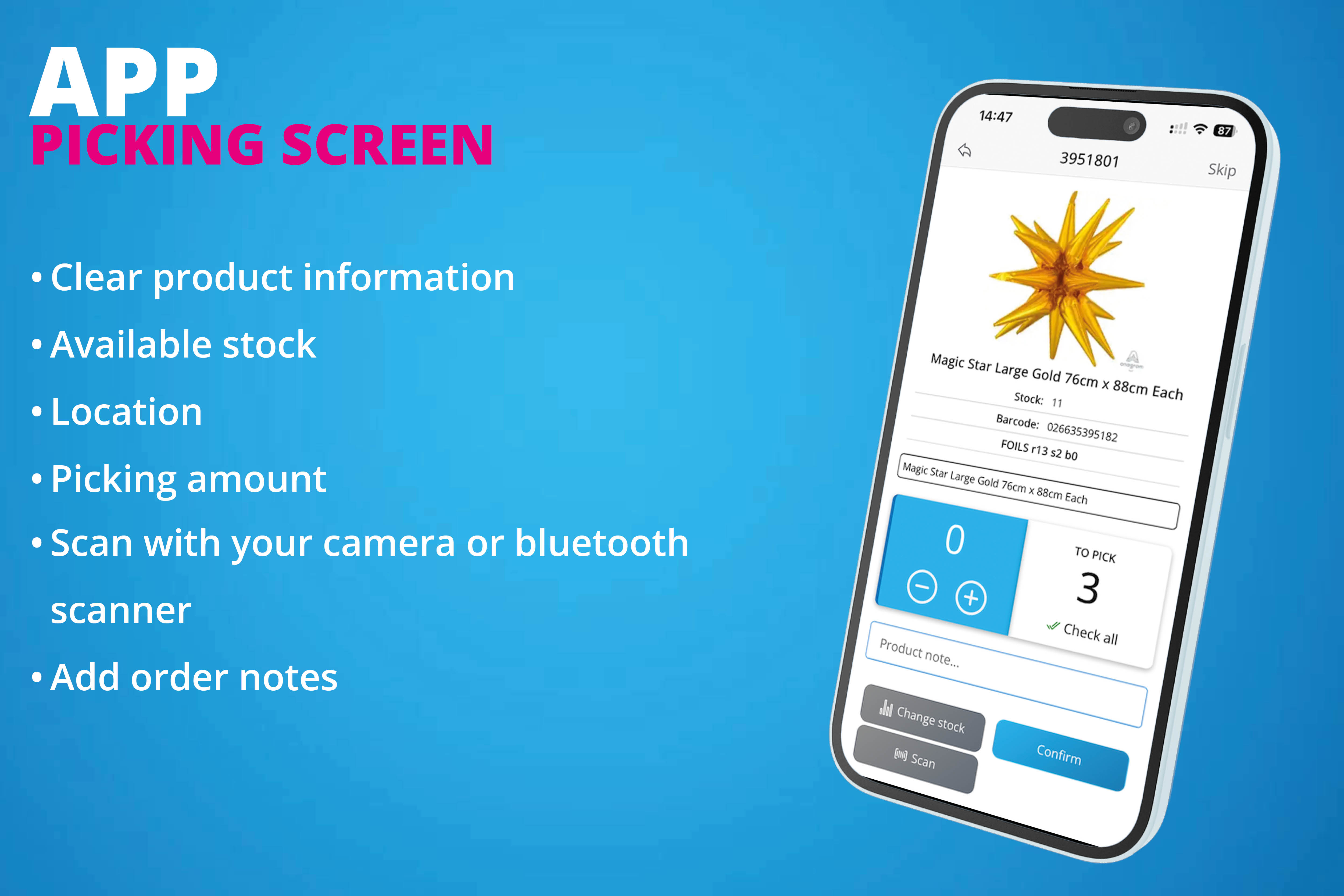 Detailed picking screen with fast barcode scanning