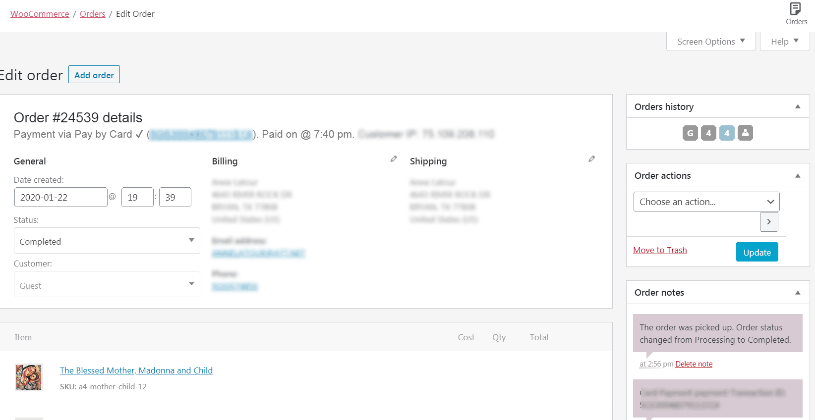 Details of the new Order History meta-tab, inside the Edit Order page. The aggregate color swatches for the Customer are displayed top-right.
