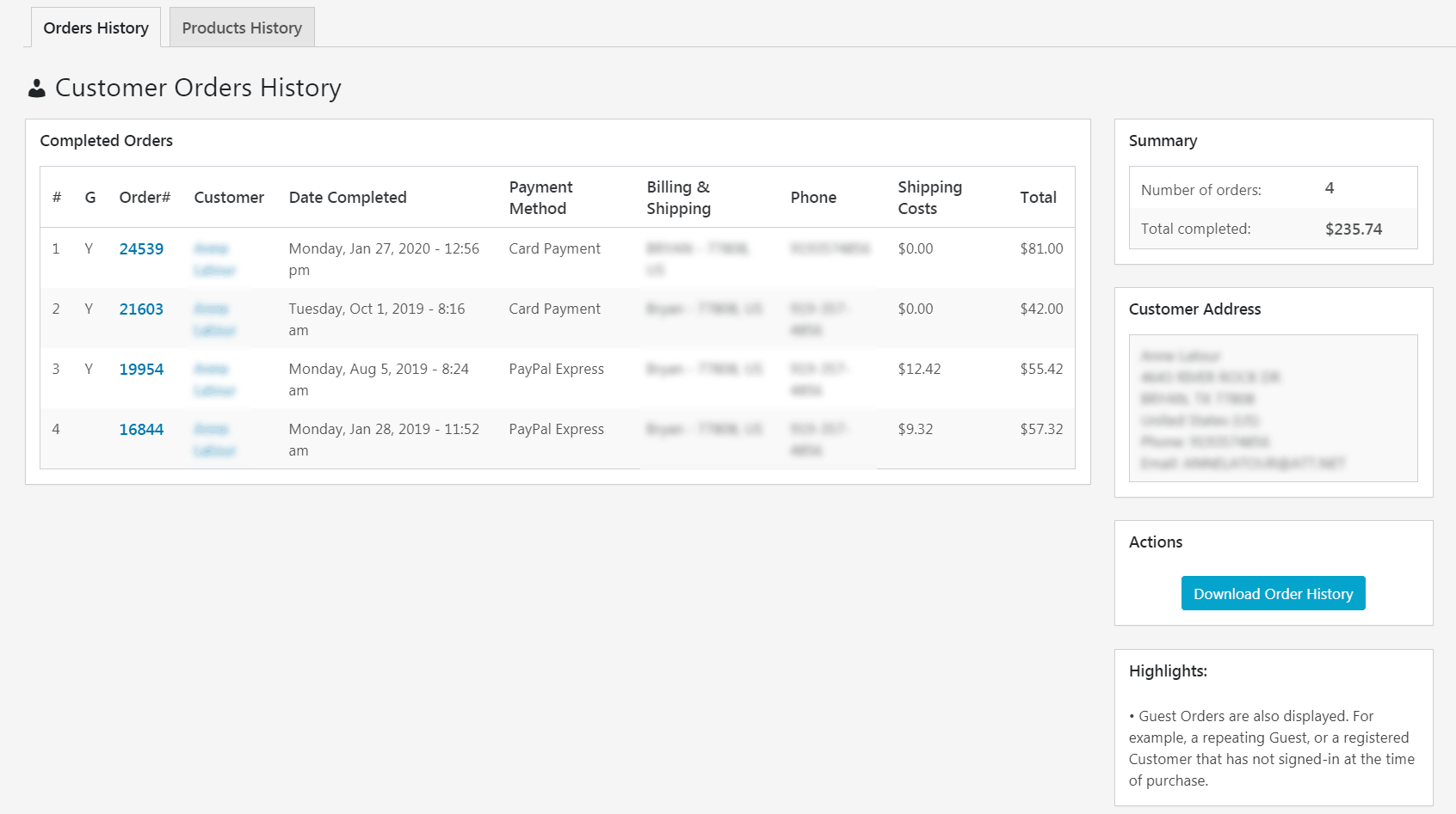 Customer Orders History page tab. Displays a detailed view of each placed Order, including aggregated totals for the status of all Orders. Export to CSV also available.