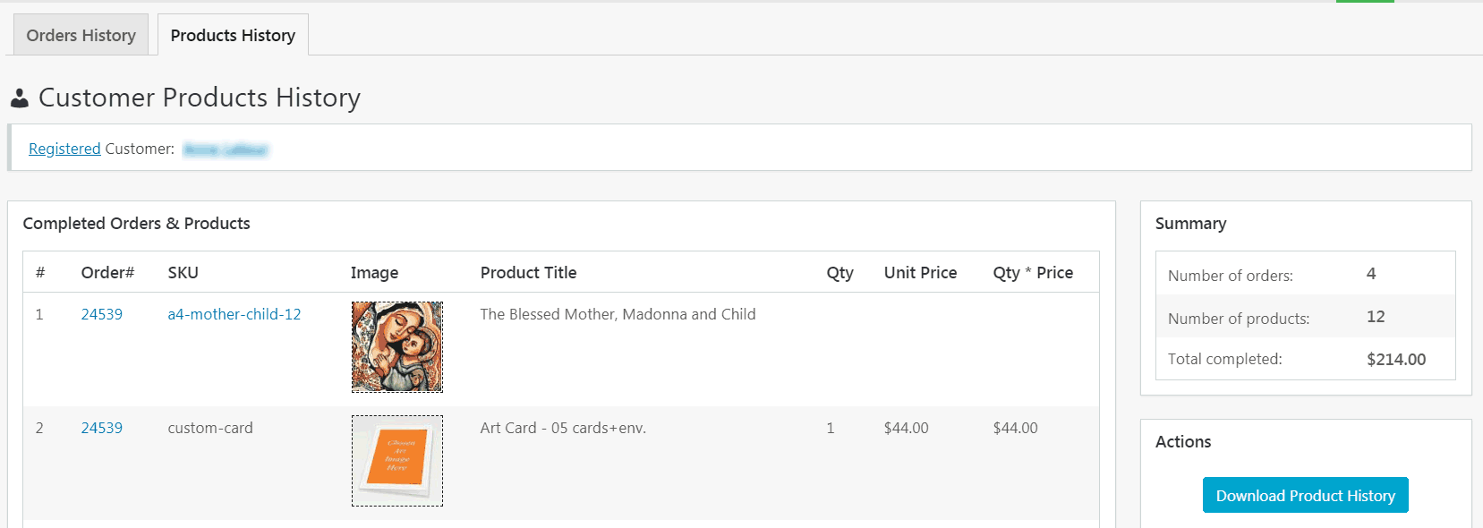 Detail of the Customer Products History page tab. Displays a consolidated view of all products purchased, and aggregated totals for each Order status. Export to CSV also possible.