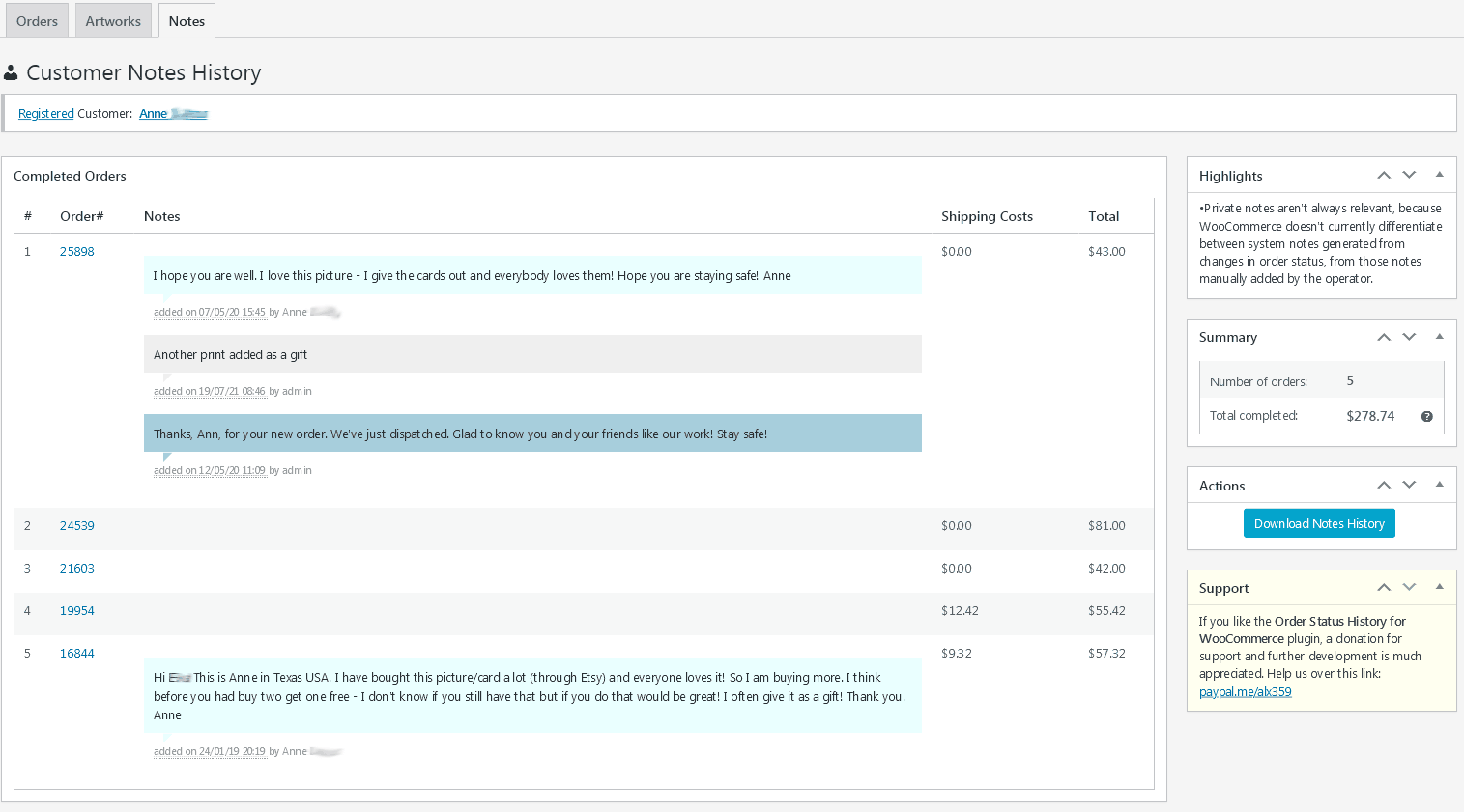 Customer Notes History page tab. Displays a consolidated view of all order notes, including the note from customer, and all manually added by the operator notes to customer or in private.