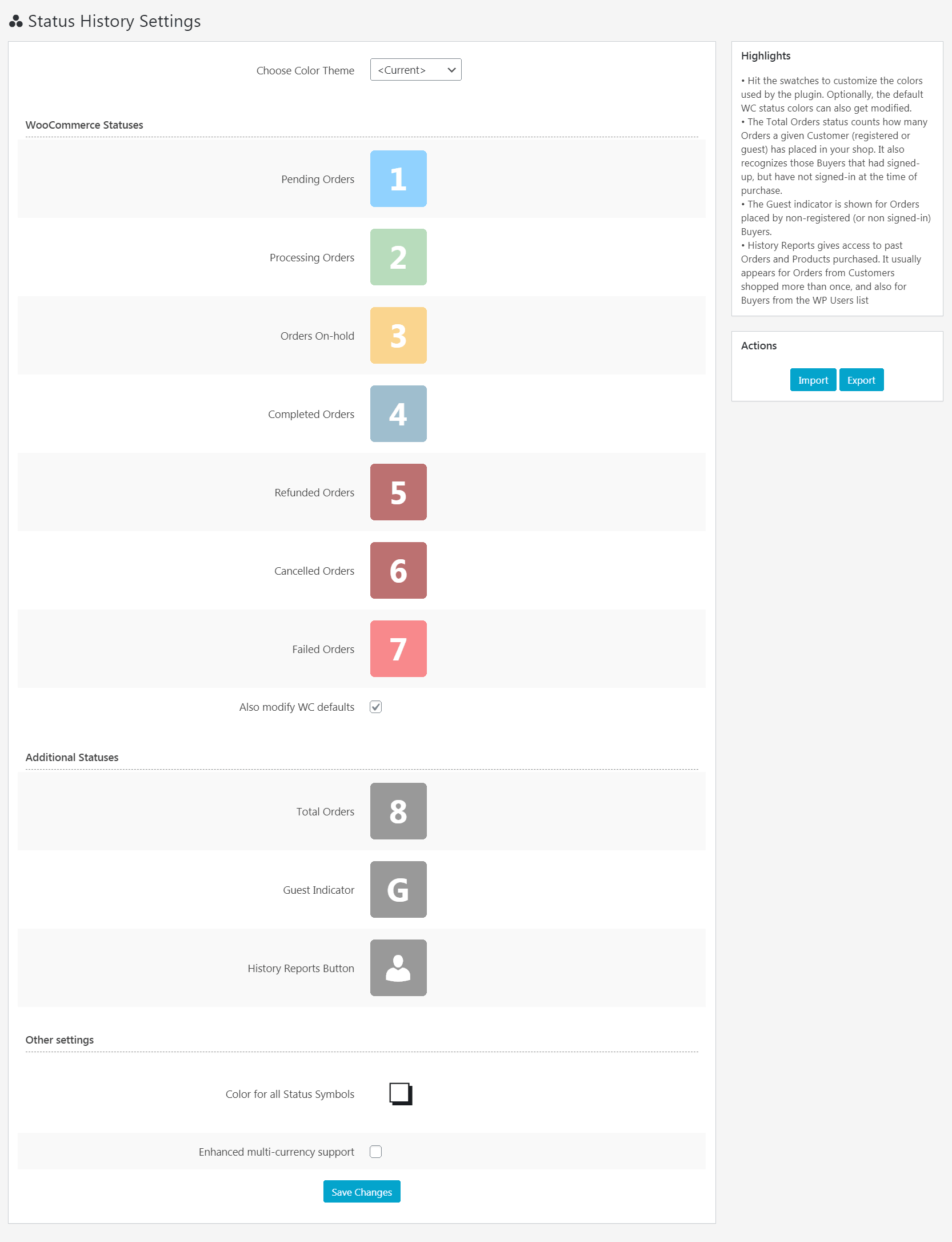 New Order Status Colors page, under the main WooCommerce menu, is the settings page of the plugin. Colors and other behavior can be easily customized from that page.