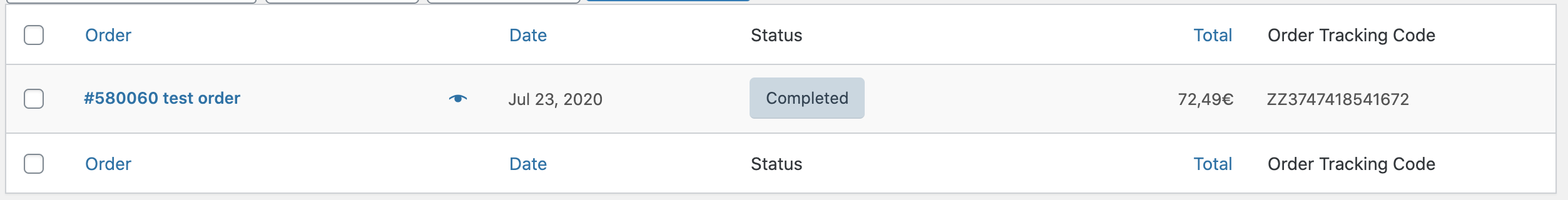 Tracking codes column in the woocommerce admin orders list panel.