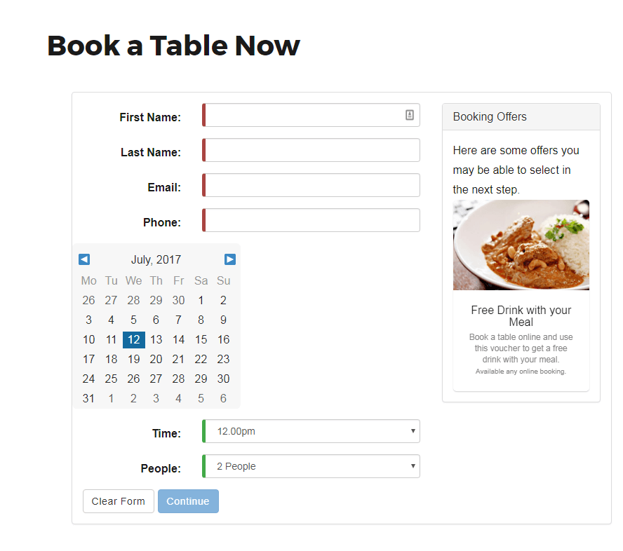The Order Wizard table booking form integrated into wordpress