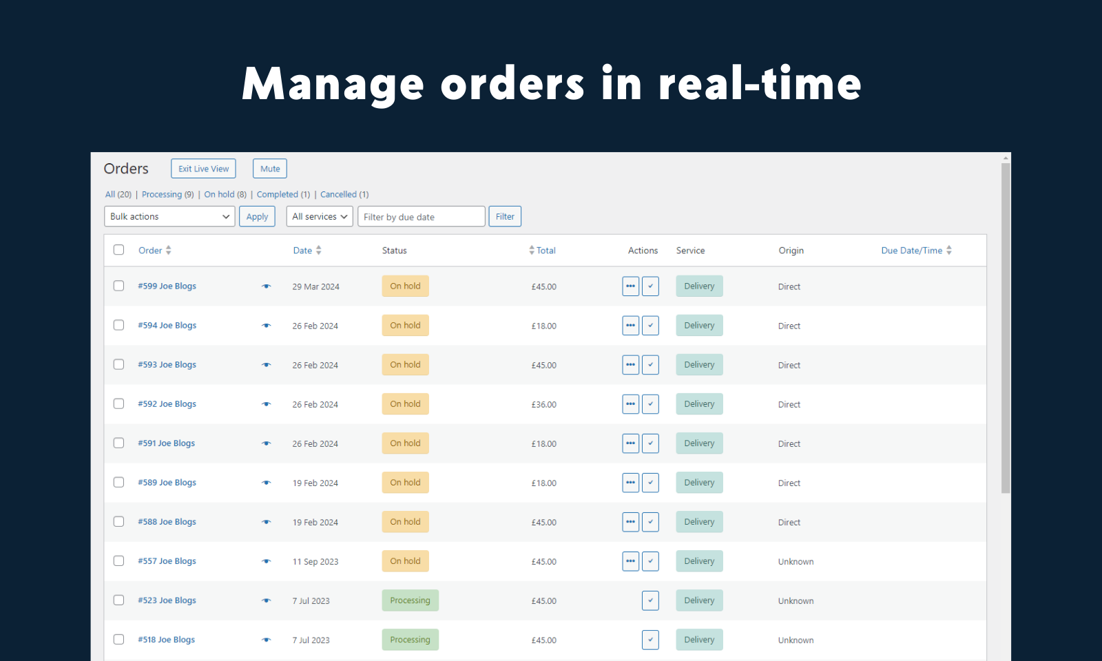 Manage orders in real-time with the live order view page