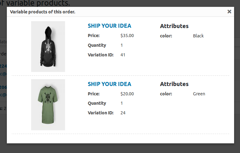 Order Variable Products View Pop-Up
