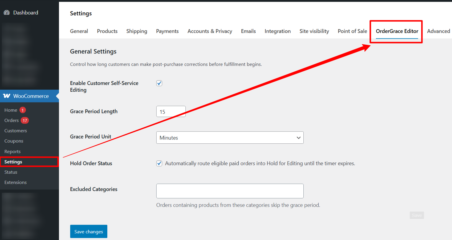 WooCommerce settings tab for grace window and allowed edits