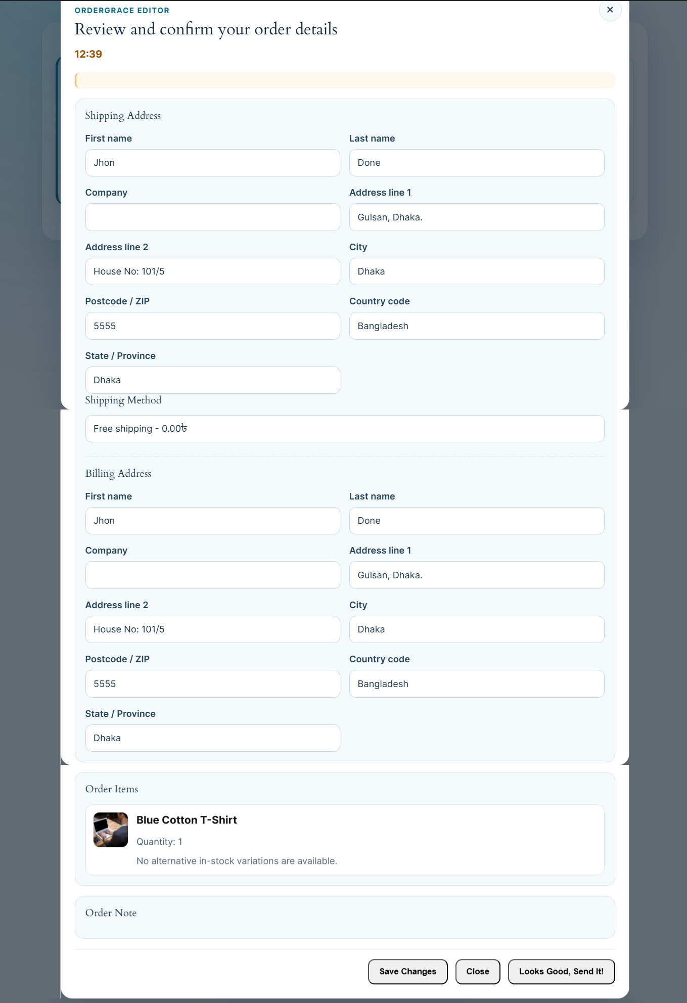 Customer editor modal with address, variation, and note editing