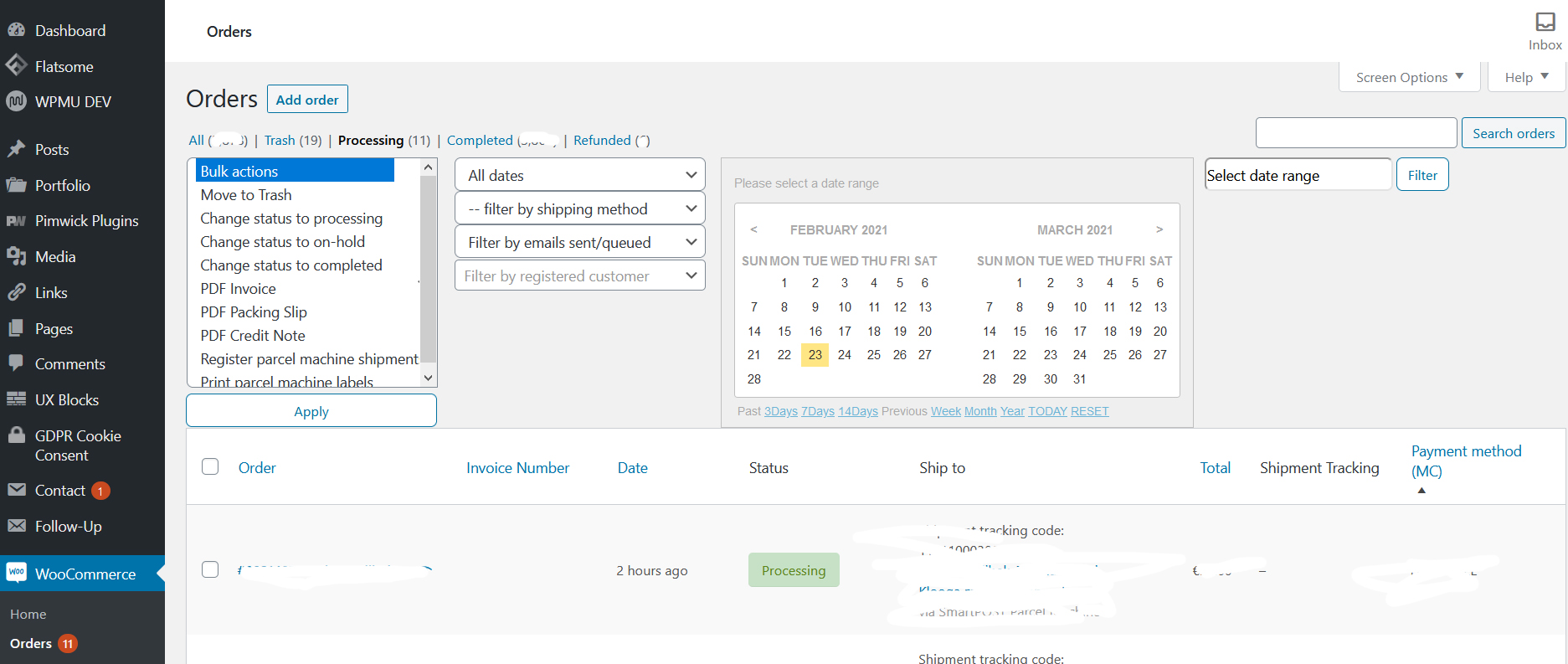 Filter woocommerce orders by date range.