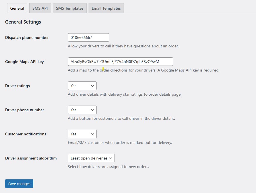 Delivery Drivers General Settings