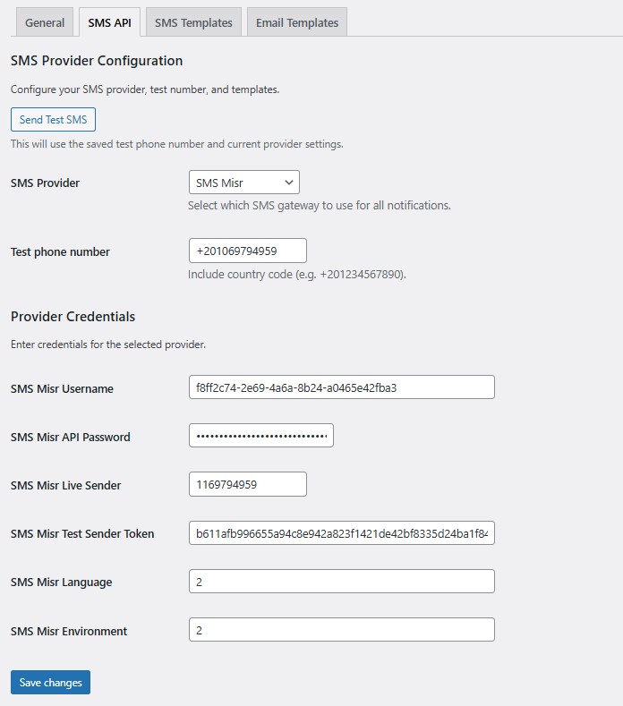 Delivery Drivers SMS API Settings (PRO)