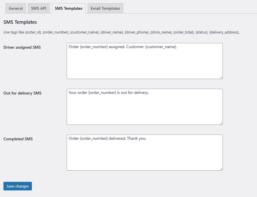 Delivery Drivers SMS Tempaltes Settings (PRO)
