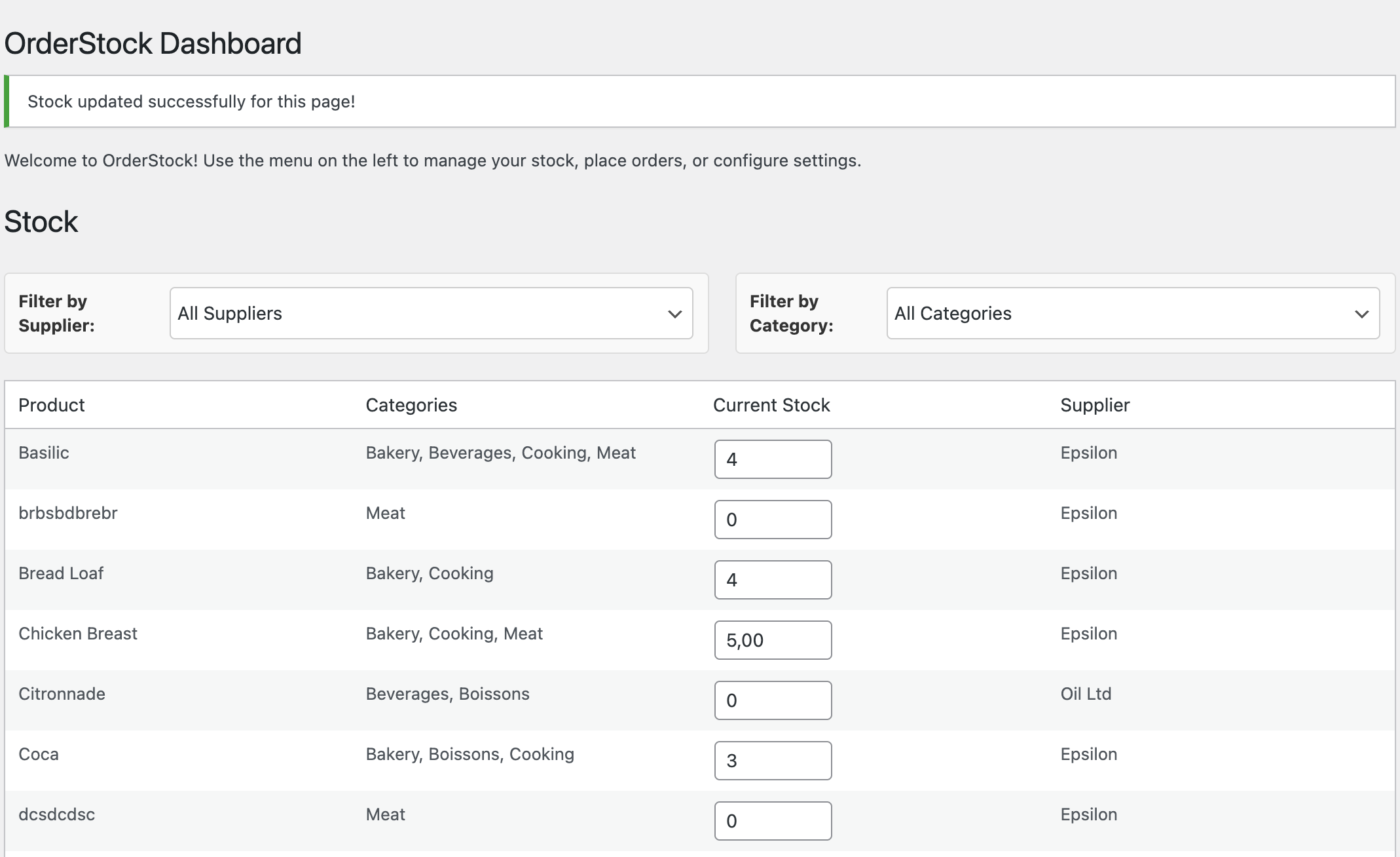 **Stock Management**: Update stock levels with a clear, category-filtered view—all in one place.